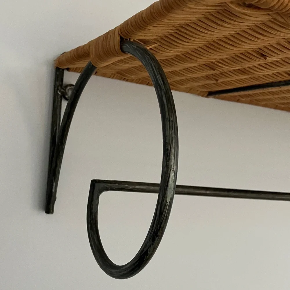 Wrought Iron and Wicker Wall Shelf With Hanging Bar, Ready To Hang